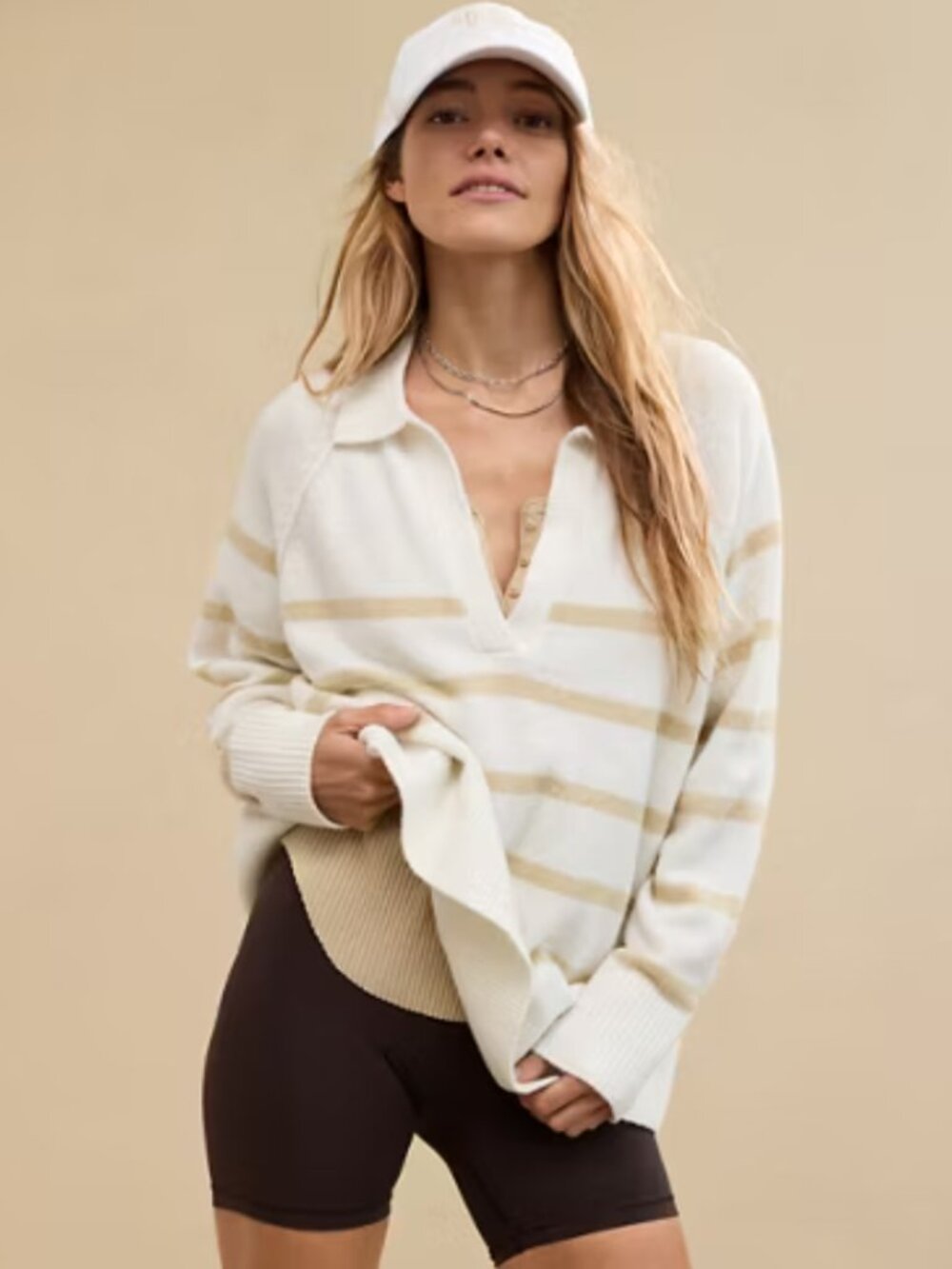 Aerie Women's Striped V-Neck Sweater Medium Oversized NWT
